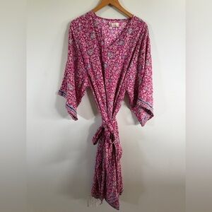 Natalie Martin Fuchsia Floral Kimono with Navy Accents large belted